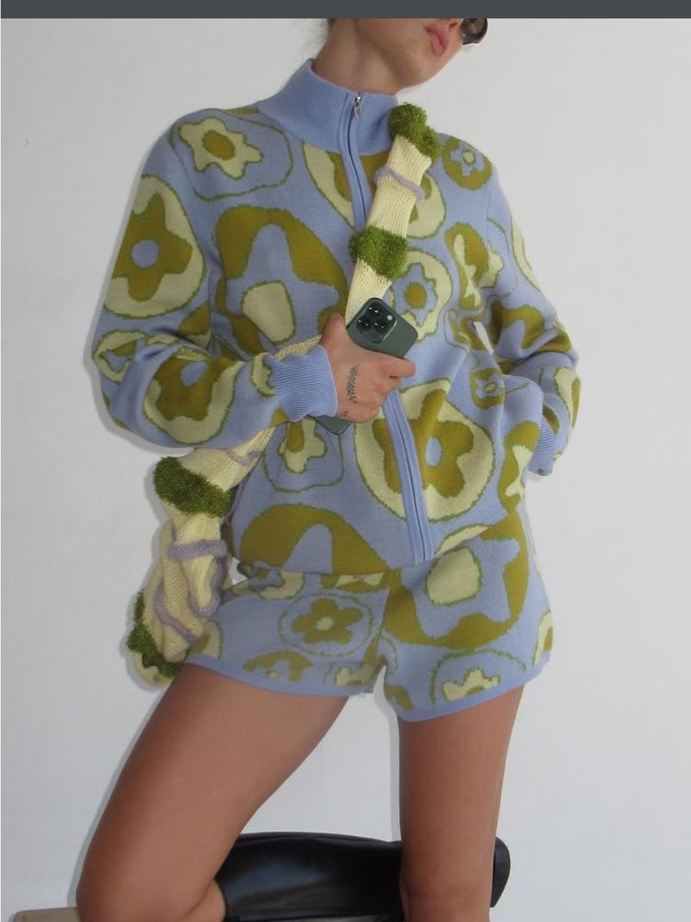 Blue & Olive Floral Knit Zip-Up Jacket and Shorts Set